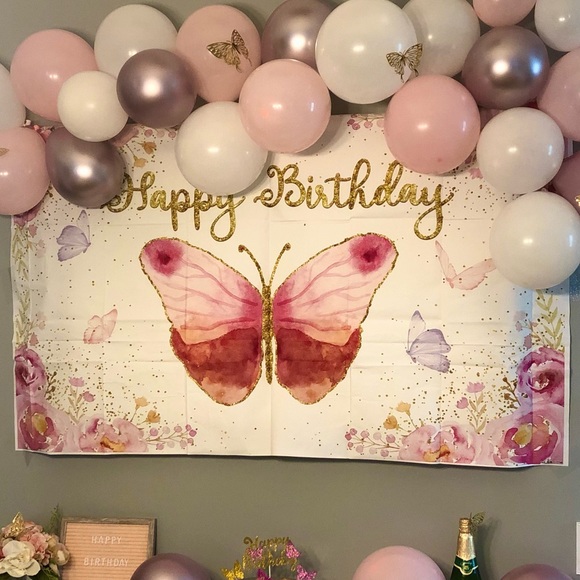 Butterfly Floral Happy Birthday Banner Party Sign & Glitter Cake Topper Set - Picture 3 of 3